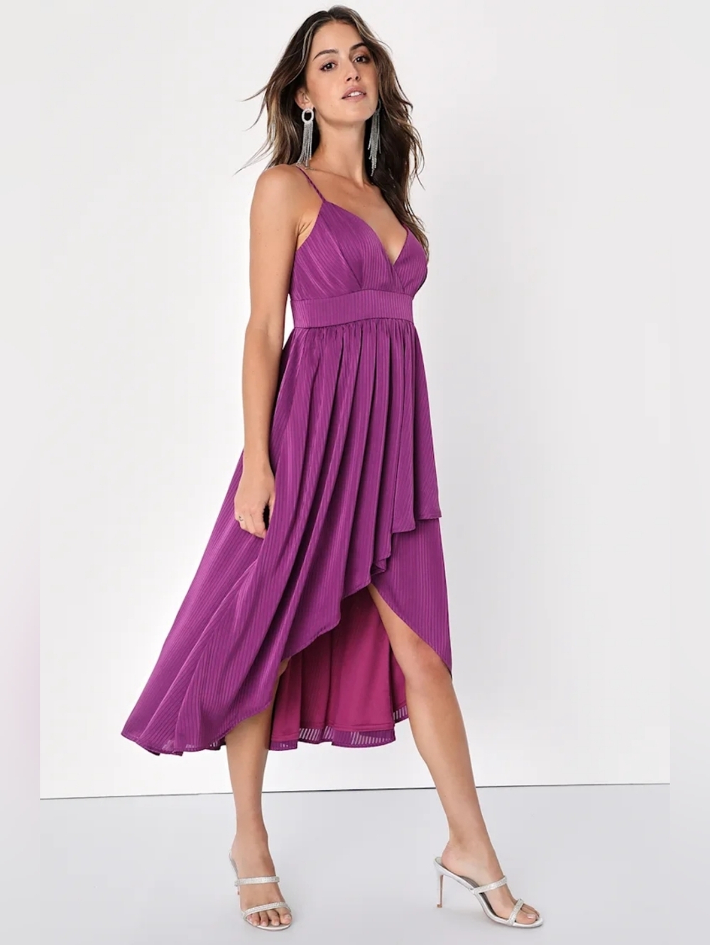 LULUS Beaming with Bliss Purple Striped Faux-Wrap Midi Dress Wedding Size S